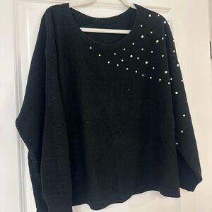 SHEIN Black Crew Neck Sweater with Pearl Embellishments